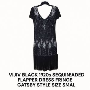 Vijiv Black 1920s Sequin Beaded Flapper Dress Fringe Gatsby Style Size Small